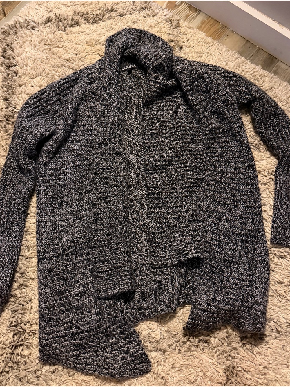 Express Women’s Marled Black/Grey Open-Front Knit Cardigan
